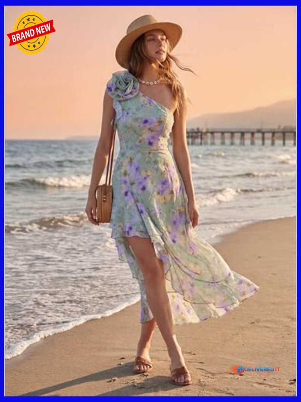One Shoulder Ruffle Floral Maxi Sundress Wedding Guest Flowy A-Line - Picture 4 of 7
